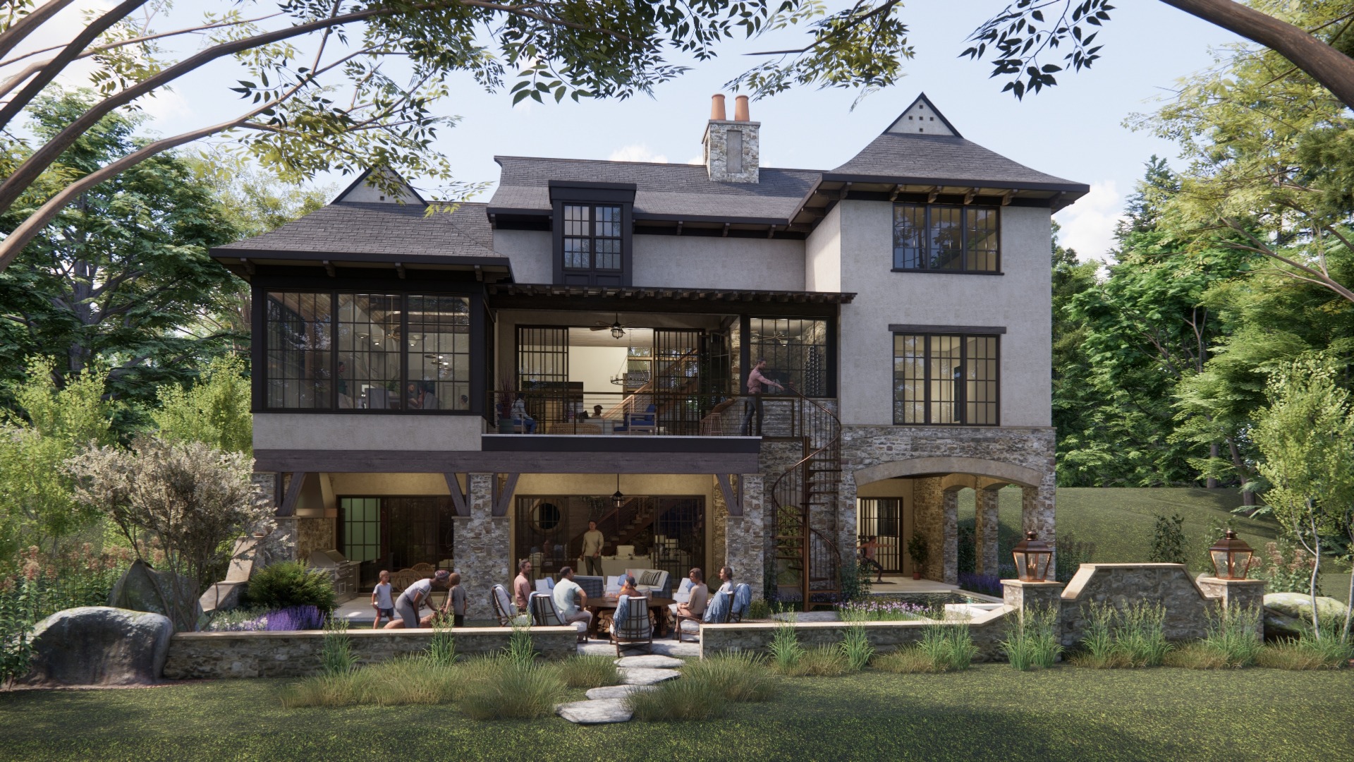 Architectural rendering of The Gate House at Summit Farms, viewed from the garden