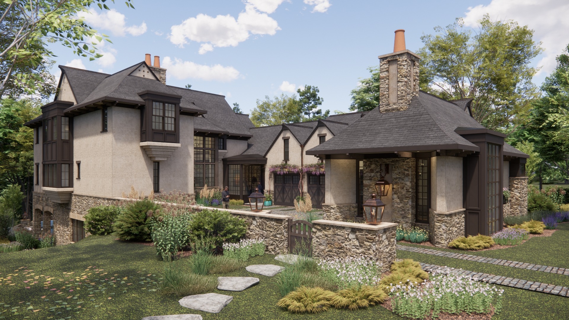 Architectural rendering of The Gate House arrival elevation and entry drive