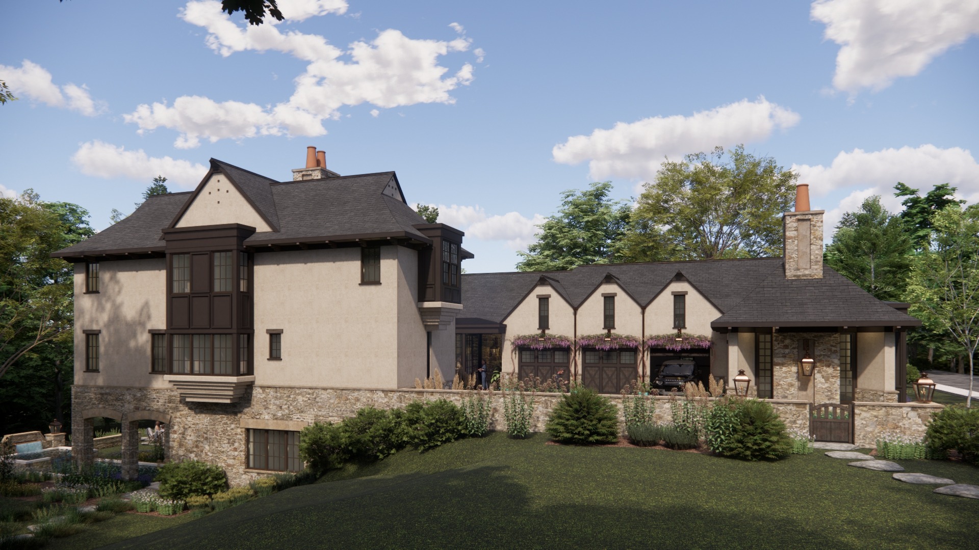 Architectural rendering of The Gate House side elevation and garages